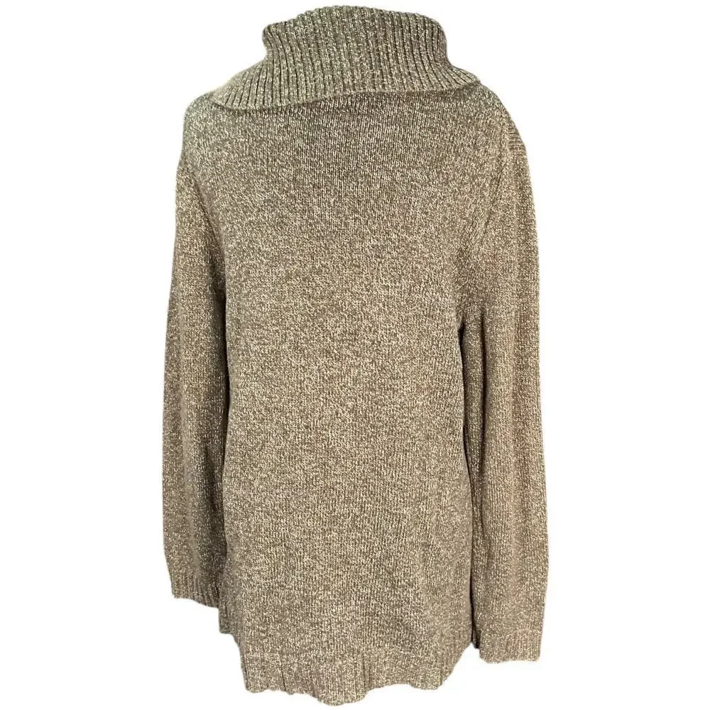 Talbots Cotton Cable Knit Mock Neck Tunic Sweater Large Green Speckled Old Money